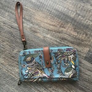 Sakroots Wristlet Wallet Blue Owl‎ Floral Print Boho Purse Small